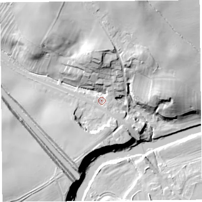 Shaded relief map of the ground around SY41EE, computed from Environment Agency LiDAR. The ground here sits at about 63 m above sea level and falls 28 m across the surrounding 800 m. Surface water reaching this point runs off ground lying to the north-north-west, 22.1 m higher.
