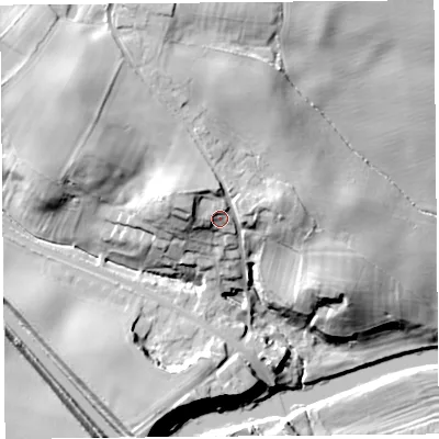 Shaded relief map of the ground around SY41ER, computed from Environment Agency LiDAR. The ground here sits at about 73 m above sea level and falls 28 m across the surrounding 800 m. Surface water reaching this point runs off ground lying to the north-north-east, 4.9 m higher.