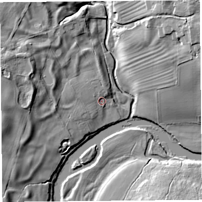 Shaded relief map of the ground around SY41EX, computed from Environment Agency LiDAR. The ground here sits at about 58 m above sea level and falls 20 m across the surrounding 800 m. Surface water reaching this point runs off ground lying to the west-north-west, 2.9 m higher.