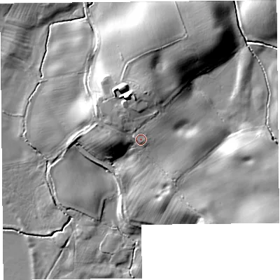 Shaded relief map of the ground around SY42AH, computed from Environment Agency LiDAR. The ground here sits at about 90 m above sea level and falls 24 m across the surrounding 800 m. Surface water reaching this point runs off ground lying to the north-north-west, 10.6 m higher.