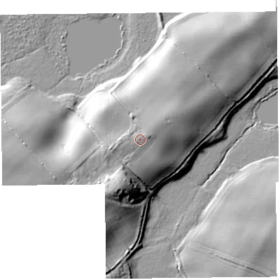 Shaded relief map of the ground around SY42BT, computed from Environment Agency LiDAR. The ground here sits at about 90 m above sea level and falls 15 m across the surrounding 800 m. Surface water reaching this point runs off ground lying to the north-north-east, 0.9 m higher.