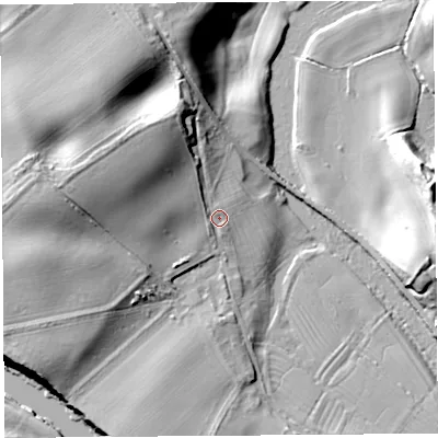 Shaded relief map of the ground around SY43HH, computed from Environment Agency LiDAR. The ground here sits at about 55 m above sea level and falls 19 m across the surrounding 800 m. Surface water reaching this point runs off ground lying to the north-west, 2.6 m higher.
