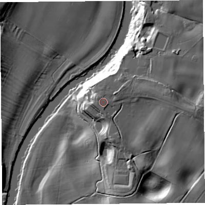 Shaded relief map of the ground around SY43HW, computed from Environment Agency LiDAR. The ground here sits at about 68 m above sea level and falls 25 m across the surrounding 800 m. Surface water reaching this point runs off ground lying to the north-east, 2.8 m higher.