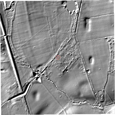 Shaded relief map of the ground around SY43JS, computed from Environment Agency LiDAR. The ground here sits at about 80 m above sea level and falls 11 m across the surrounding 800 m. Surface water reaching this point runs off ground lying to the north-north-east, 3.1 m higher.
