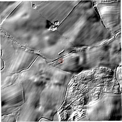 Shaded relief map of the ground around SY43NE, computed from Environment Agency LiDAR. The ground here sits at about 92 m above sea level and falls 18 m across the surrounding 800 m. Surface water reaching this point runs off ground lying to the north-north-east, 4.8 m higher.