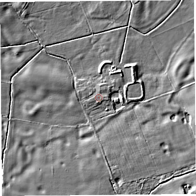 Shaded relief map of the ground around SY43RD, computed from Environment Agency LiDAR. The ground here sits at about 85 m above sea level and falls 7 m across the surrounding 800 m. Surface water reaching this point runs off ground lying to the west, 0.7 m higher.