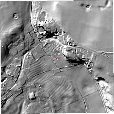 Shaded relief map of the ground around SY43RL, computed from Environment Agency LiDAR. The ground here sits at about 89 m above sea level and falls 24 m across the surrounding 800 m. Surface water reaching this point runs off ground lying to the east-north-east, 15.4 m higher.