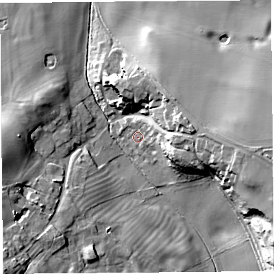 Shaded relief map of the ground around SY43RN, computed from Environment Agency LiDAR. The ground here sits at about 90 m above sea level and falls 24 m across the surrounding 800 m. Surface water reaching this point runs off ground lying to the north-east, 6.6 m higher.