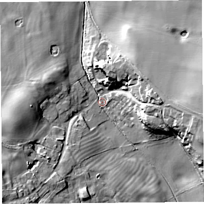 Shaded relief map of the ground around SY43RP, computed from Environment Agency LiDAR. The ground here sits at about 89 m above sea level and falls 24 m across the surrounding 800 m. Surface water reaching this point runs off ground lying to the east, 19.6 m higher.