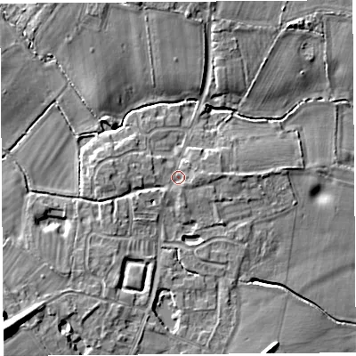 Shaded relief map of the ground around SY44AG, computed from Environment Agency LiDAR. The ground here sits at about 77 m above sea level and falls 15 m across the surrounding 800 m. Surface water reaching this point runs off ground lying to the west, 2.2 m higher.