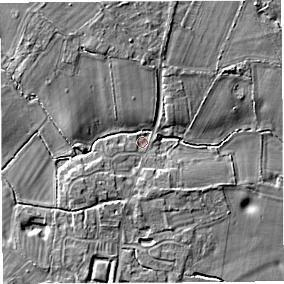 Shaded relief map of the ground around SY44AH, computed from Environment Agency LiDAR. The ground here sits at about 76 m above sea level and falls 9 m across the surrounding 800 m. Surface water reaching this point runs off ground lying to the south-west, 7.1 m higher.