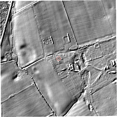 Shaded relief map of the ground around SY44BA, computed from Environment Agency LiDAR. The ground here sits at about 74 m above sea level and falls 7 m across the surrounding 800 m. Surface water reaching this point runs off ground lying to the south-west, 0.9 m higher.