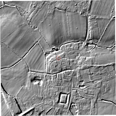 Shaded relief map of the ground around SY44EH, computed from Environment Agency LiDAR. The ground here sits at about 78 m above sea level and falls 14 m across the surrounding 800 m. Surface water reaching this point runs off ground lying to the south-west, 1.1 m higher.