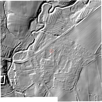 Shaded relief map of the ground around SY44HR, computed from Environment Agency LiDAR. The ground here sits at about 61 m above sea level and falls 8 m across the surrounding 800 m. Surface water reaching this point runs off ground lying to the south-east, 1.3 m higher.