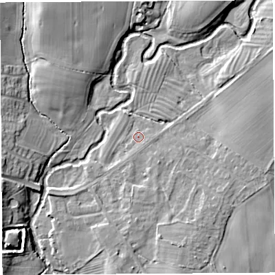 Shaded relief map of the ground around SY44HS, computed from Environment Agency LiDAR. The ground here sits at about 60 m above sea level and falls 9 m across the surrounding 800 m. Surface water reaching this point runs off ground lying to the south-south-east, 1.3 m higher.