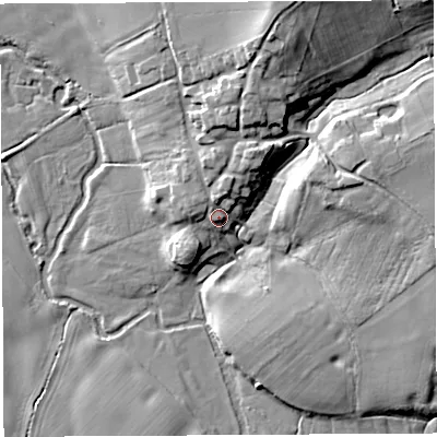 Shaded relief map of the ground around SY44LH, computed from Environment Agency LiDAR. The ground here sits at about 69 m above sea level and falls 20 m across the surrounding 800 m. Surface water reaching this point runs off ground lying to the north-north-east, 12.9 m higher.