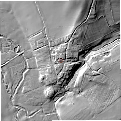 Shaded relief map of the ground around SY44LR, computed from Environment Agency LiDAR. The ground here sits at about 73 m above sea level and falls 29 m across the surrounding 800 m. Surface water reaching this point runs off ground lying to the north-north-east, 3.9 m higher.