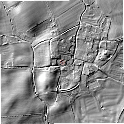 Shaded relief map of the ground around SY44PU, computed from Environment Agency LiDAR. The ground here sits at about 56 m above sea level and falls 11 m across the surrounding 800 m. Surface water reaching this point runs off ground lying to the north-north-west, 3.1 m higher.