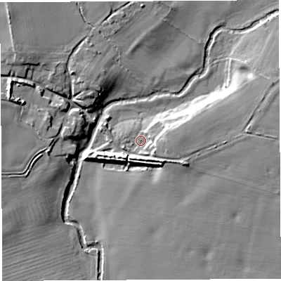 Shaded relief map of the ground around SY44QL, computed from Environment Agency LiDAR. The ground here sits at about 51 m above sea level and falls 13 m across the surrounding 800 m. Surface water reaching this point runs off ground lying to the east, 4.8 m higher.