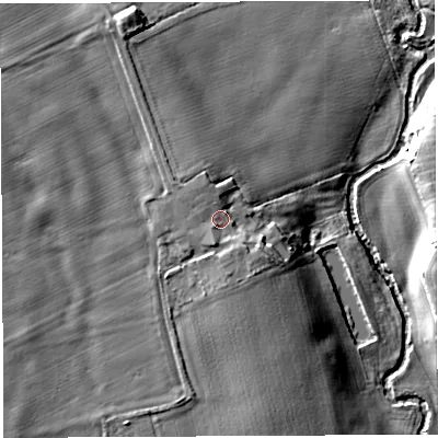 Shaded relief map of the ground around SY44QU, computed from Environment Agency LiDAR. The ground here sits at about 58 m above sea level and falls 10 m across the surrounding 800 m. Surface water reaching this point runs off ground lying to the south-south-west, 1.8 m higher.