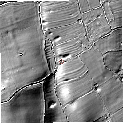 Shaded relief map of the ground around SY44RS, computed from Environment Agency LiDAR. The ground here sits at about 57 m above sea level and falls 17 m across the surrounding 800 m. Surface water reaching this point runs off ground lying to the south-south-east, 4.3 m higher.