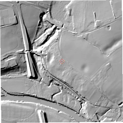Shaded relief map of the ground around SY44SE, computed from Environment Agency LiDAR. The ground here sits at about 57 m above sea level and falls 17 m across the surrounding 800 m. Surface water reaching this point runs off ground lying to the east, 0.6 m higher.