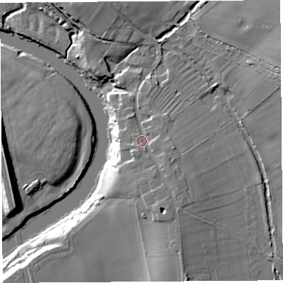 Shaded relief map of the ground around SY44SN, computed from Environment Agency LiDAR. The ground here sits at about 56 m above sea level and falls 19 m across the surrounding 800 m. Surface water reaching this point runs off ground lying to the south-south-east, 3.7 m higher.
