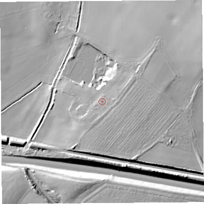 Shaded relief map of the ground around SY44SY, computed from Environment Agency LiDAR. The ground here sits at about 62 m above sea level and falls 20 m across the surrounding 800 m. Surface water reaching this point runs off ground lying to the east-south-east, 2.4 m higher.