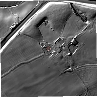 Shaded relief map of the ground around SY44TB, computed from Environment Agency LiDAR. The ground here sits at about 65 m above sea level and falls 23 m across the surrounding 800 m. Surface water reaching this point runs off ground lying to the west-north-west, 3.6 m higher.