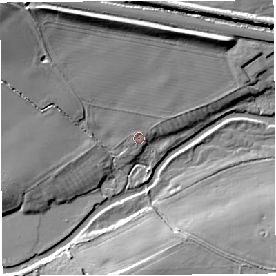 Shaded relief map of the ground around SY44UD, computed from Environment Agency LiDAR. The ground here sits at about 48 m above sea level and falls 13 m across the surrounding 800 m. Surface water reaching this point runs off ground lying to the north-north-west, 9.0 m higher.