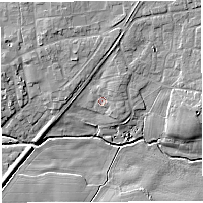 Shaded relief map of the ground around SY45DU, computed from Environment Agency LiDAR. The ground here sits at about 78 m above sea level and falls 11 m across the surrounding 800 m. Surface water reaching this point runs off ground lying to the north-east, 2.0 m higher.