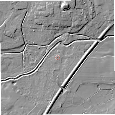 Shaded relief map of the ground around SY45EX, computed from Environment Agency LiDAR. The ground here sits at about 77 m above sea level and falls 12 m across the surrounding 800 m. Surface water reaching this point runs off ground lying to the north-east, 1.1 m higher.