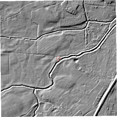 Shaded relief map of the ground around SY45HF, computed from Environment Agency LiDAR. The ground here sits at about 77 m above sea level and falls 7 m across the surrounding 800 m. Surface water reaching this point runs off ground lying to the south-east, 6.2 m higher.