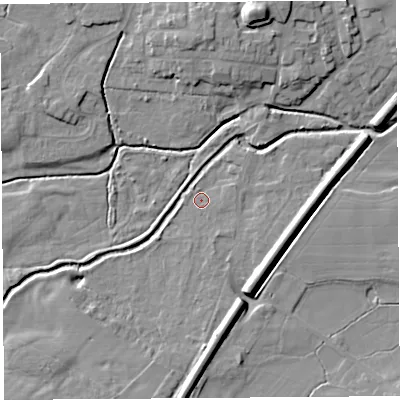 Shaded relief map of the ground around SY45HG, computed from Environment Agency LiDAR. The ground here sits at about 76 m above sea level and falls 12 m across the surrounding 800 m. Surface water reaching this point runs off ground lying to the south-south-east, 5.6 m higher.