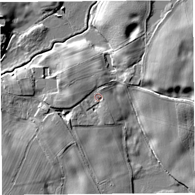 Shaded relief map of the ground around SY45NN, computed from Environment Agency LiDAR. The ground here sits at about 86 m above sea level and falls 8 m across the surrounding 800 m. Surface water reaching this point runs off ground lying to the north-west, 2.3 m higher.