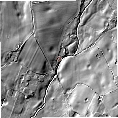 Shaded relief map of the ground around SY45NQ, computed from Environment Agency LiDAR. The ground here sits at about 83 m above sea level and falls 13 m across the surrounding 800 m. Surface water reaching this point runs off ground lying to the south-east, 10.6 m higher.