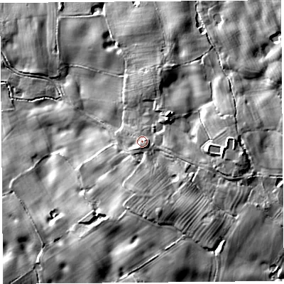 Shaded relief map of the ground around SY45NU, computed from Environment Agency LiDAR. The ground here sits at about 95 m above sea level and falls 15 m across the surrounding 800 m. Surface water reaching this point runs off ground lying to the south-east, 5.3 m higher.
