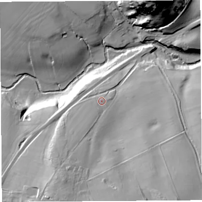 Shaded relief map of the ground around SY45QF, computed from Environment Agency LiDAR. The ground here sits at about 87 m above sea level and falls 64 m across the surrounding 800 m. Surface water reaching this point runs off ground lying to the south-south-west, 20.0 m higher.
