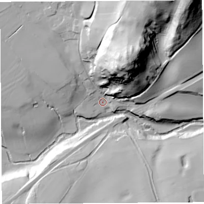 Shaded relief map of the ground around SY45QG, computed from Environment Agency LiDAR. The ground here sits at about 69 m above sea level and falls 69 m across the surrounding 800 m. Surface water reaching this point runs off ground lying to the north-north-east, 65.0 m higher.