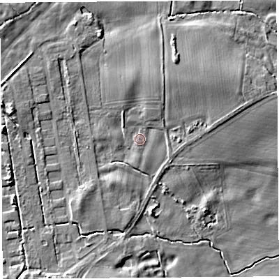 Shaded relief map of the ground around SY45RP, computed from Environment Agency LiDAR. The ground here sits at about 76 m above sea level and falls 8 m across the surrounding 800 m. Surface water reaching this point runs off ground lying to the north-north-east, 4.2 m higher.