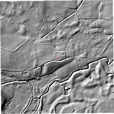 Shaded relief map of the ground around SY45SH, computed from Environment Agency LiDAR. The ground here sits at about 81 m above sea level and falls 7 m across the surrounding 800 m. Surface water reaching this point runs off ground lying to the south-west, 1.2 m higher.