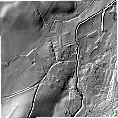 Shaded relief map of the ground around SY50AA, computed from Environment Agency LiDAR. The ground here sits at about 107 m above sea level and falls 25 m across the surrounding 800 m. Surface water reaching this point runs off ground lying to the south-south-west, 18.5 m higher.