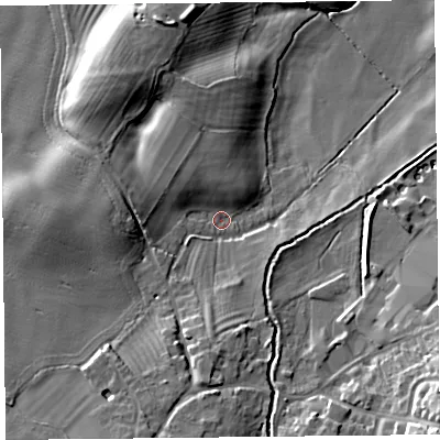Shaded relief map of the ground around SY50AG, computed from Environment Agency LiDAR. The ground here sits at about 101 m above sea level and falls 20 m across the surrounding 800 m. Surface water reaching this point runs off ground lying to the north-west, 5.0 m higher.