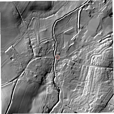 Shaded relief map of the ground around SY50BA, computed from Environment Agency LiDAR. The ground here sits at about 105 m above sea level and falls 25 m across the surrounding 800 m. Surface water reaching this point runs off ground lying to the south-west, 18.4 m higher.