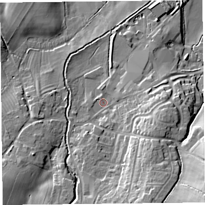 Shaded relief map of the ground around SY50BD, computed from Environment Agency LiDAR. The ground here sits at about 104 m above sea level and falls 30 m across the surrounding 800 m. Surface water reaching this point runs off ground lying to the south-south-east, 17.5 m higher.