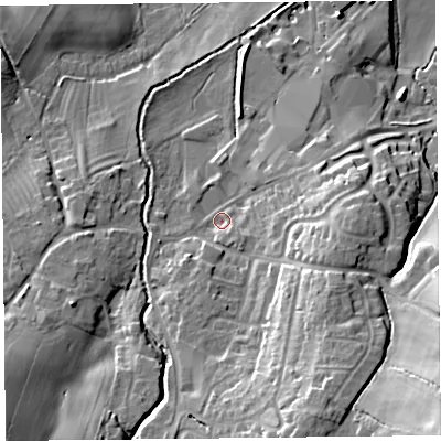 Shaded relief map of the ground around SY50BG, computed from Environment Agency LiDAR. The ground here sits at about 104 m above sea level and falls 33 m across the surrounding 800 m. Surface water reaching this point runs off ground lying to the south-south-east, 17.7 m higher.