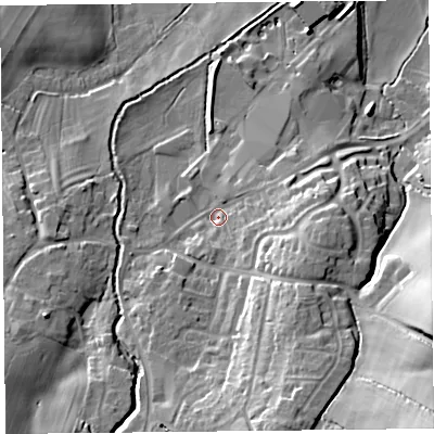 Shaded relief map of the ground around SY50BQ, computed from Environment Agency LiDAR. The ground here sits at about 105 m above sea level and falls 36 m across the surrounding 800 m. Surface water reaching this point runs off ground lying to the east-south-east, 12.1 m higher.