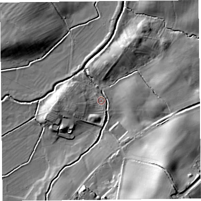 Shaded relief map of the ground around SY50BX, computed from Environment Agency LiDAR. The ground here sits at about 95 m above sea level and falls 25 m across the surrounding 800 m. Surface water reaching this point runs off ground lying to the west-south-west, 4.1 m higher.