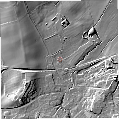 Shaded relief map of the ground around SY50EF, computed from Environment Agency LiDAR. The ground here sits at about 98 m above sea level and falls 25 m across the surrounding 800 m. Surface water reaching this point runs off ground lying to the south-west, 14.1 m higher.