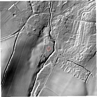 Shaded relief map of the ground around SY50EH, computed from Environment Agency LiDAR. The ground here sits at about 109 m above sea level and falls 32 m across the surrounding 800 m. Surface water reaching this point runs off ground lying to the south-south-west, 1.3 m higher.